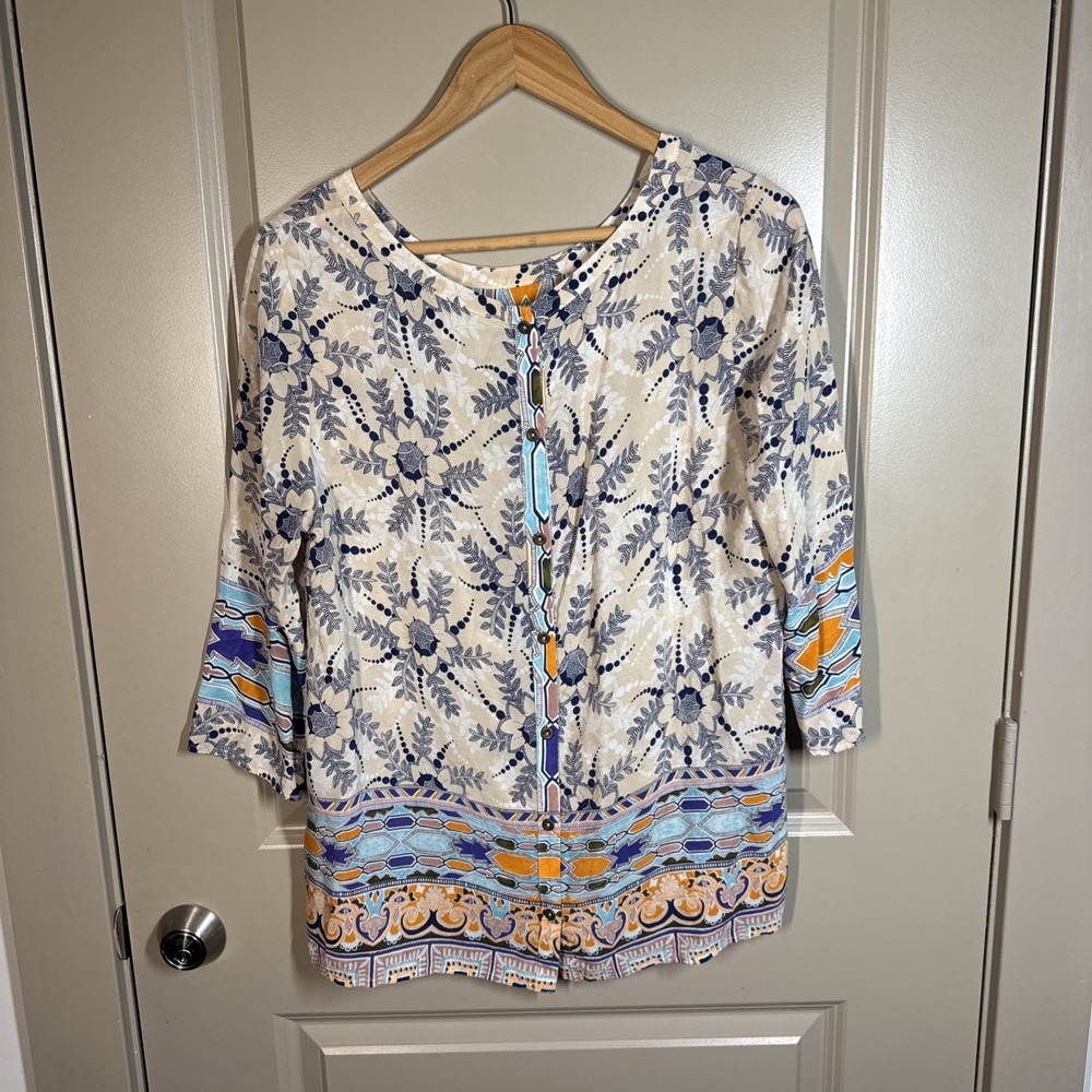Maeve Anthropologie Silk BlouseFloral Geometric Back Button 3/4Slve Multi Sz12